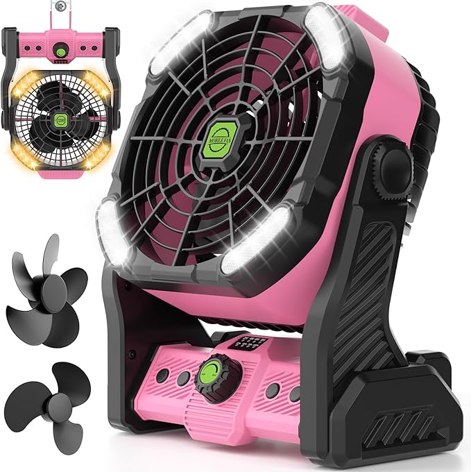 RUNTOP Camping Fan with LED Light, 20000mAh Rechargeable Battery Powered Outdoor Tent Fan with Hook,High Speed 270°Rotatio...