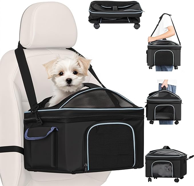4-in-1 Cat Car Seat and Cat Carrier with Removable Wheels Booster Car Seats for Small Dogs Cats Comes with Shoulder Strap ...