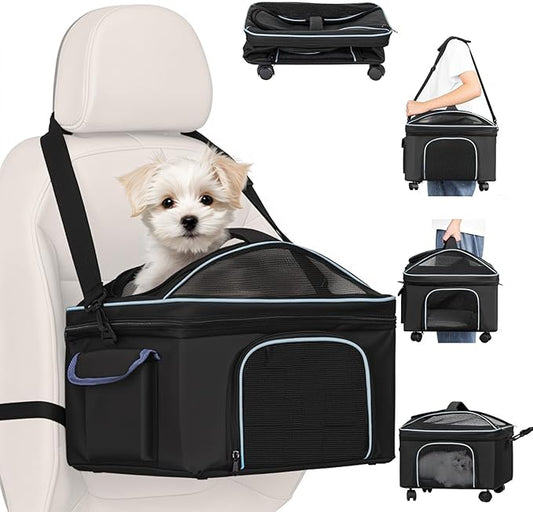 4-in-1 Cat Car Seat and Cat Carrier with Removable Wheels Booster Car Seats for Small Dogs Cats Comes with Shoulder Strap ...