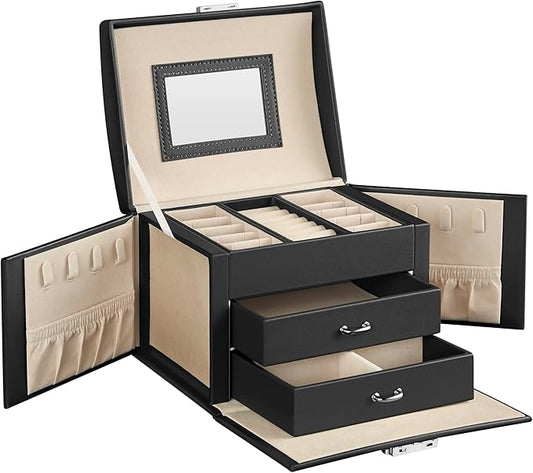 SONGMICS 3-Tier Jewelry Box, Travel Jewelry Case with Handle, 2 Drawers, Lockable Jewelry Organizer with Mirror, Jewelry S...