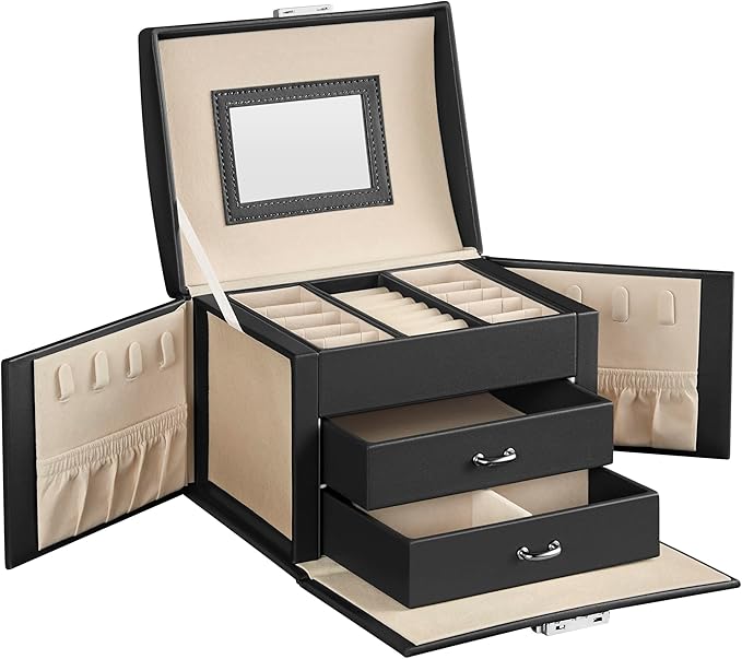SONGMICS 3-Tier Jewelry Box, Travel Jewelry Case with Handle, 2 Drawers, Lockable Jewelry Organizer with Mirror, Jewelry S...