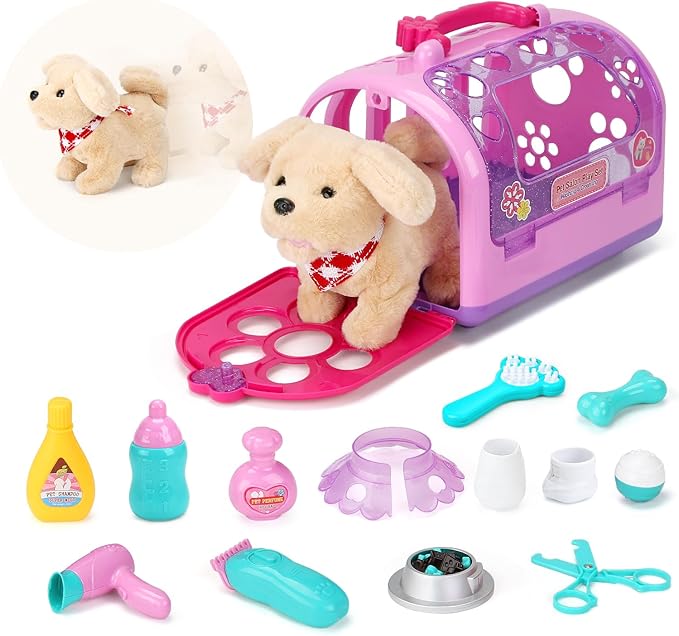 Sotodik Pet Care Play Set Electric Vet Play Set-Walking ,Barking,Tail Wagging Little Plush Dog Grooming Toys with Puppy Ca...