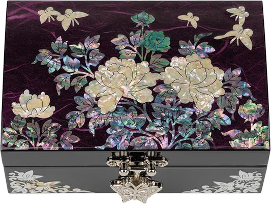 February Mountain Mother-of-Pearl Jewelry Box – Elegant Purple Lacquered Keepsake with Peony & Butterfly Design, Red Velve...