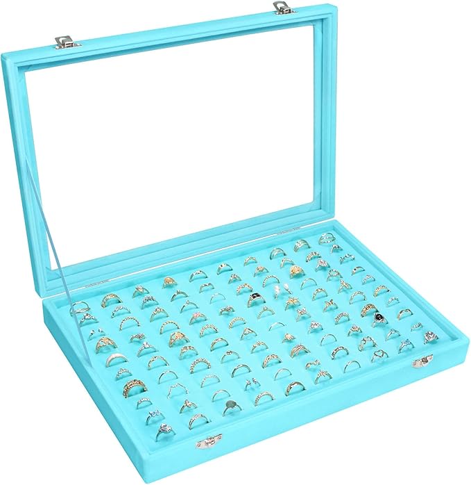 Siveit Velvet Ring Display Tray Organizer Box with Transparent Lid, 100 Slot Ring Holder Showcase For Store Display Jewelr...