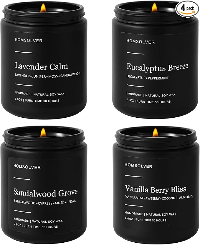 Homsolver Set of 4 Scented Candles for Home Decor, Candle Gifts for Dad Men Him, 200Hours Burn Tine, Vanilla, Lavender, Sa...