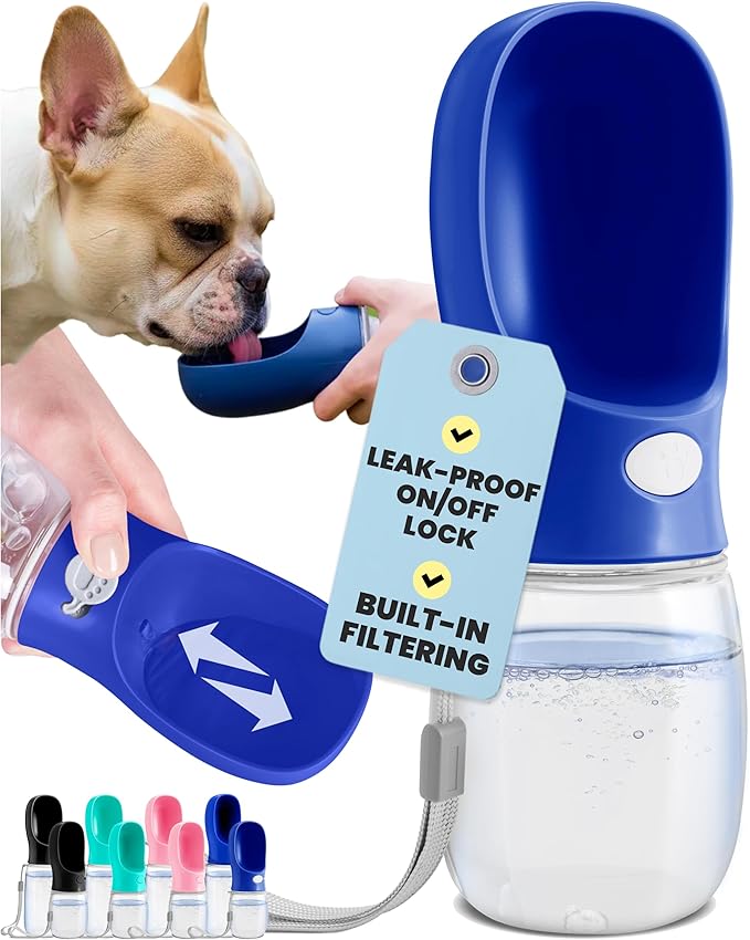 MalsiPree Dog Water Bottle Dispenser for Walks - 12 oz Navy Blue - Leak-Proof Lock & One-Hand Operation - On the Go Dog Wa...