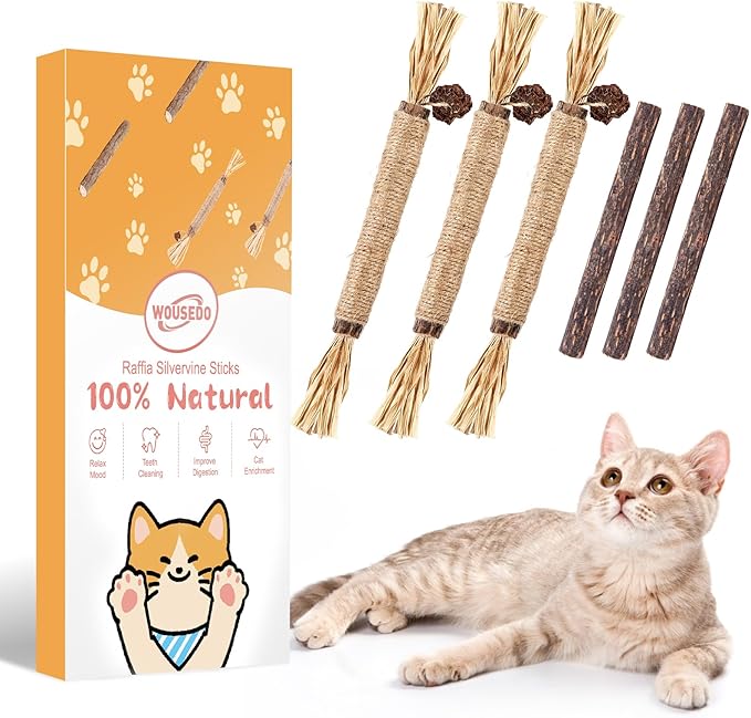 WOUSEDO 6 Pack Silvervine Sticks Cat Toy, Natural Chew Stick for Dental Care Teeth Cleaning,Matatabi Cat nip Treat Toys fo...