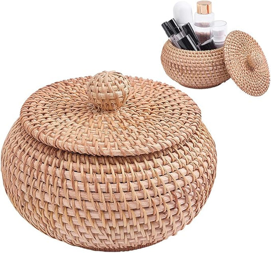 WADORN Round Rattan Storage Box with Lid, Handmade Woven Storage Basket Natural Multi-Purpose Wicker Rattan Basket Small D...