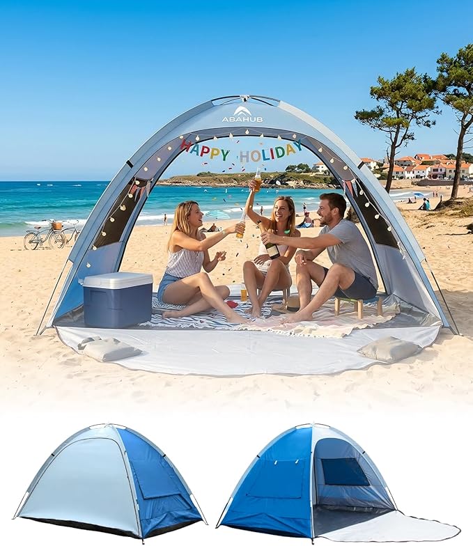 Abahub 3-Person Beach Tent Sun Shelter, UPF 50+ UV Protection Portable Sun Shade with 2 Doors and 2 Mesh Windows, Lightwei...