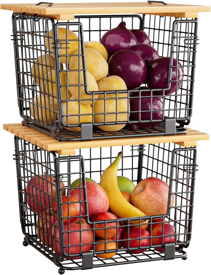 Wire Storage Basket for Kitchen Pantry: GGIU Stackable Kitchen Counter Organizers - Wire Organizing Bin for Produce Vegeta...