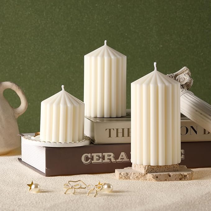 Conelist Set of 3 White Ribbed Pillar Candles Soy Wax Scented Ribbed Candles Includes 2.8, 4.2 and 5.1 Inches Heights Deco...
