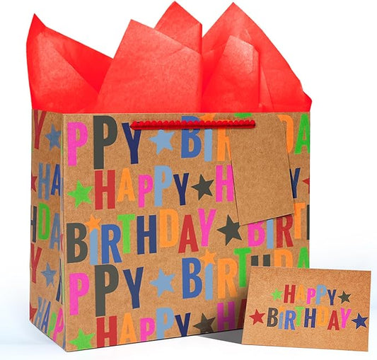 LaRibbons 13" Large Kraft Birthday Gift Bag with Tissue Paper and Greeting Card, Colorful Text Happy Birthday and Stars De...
