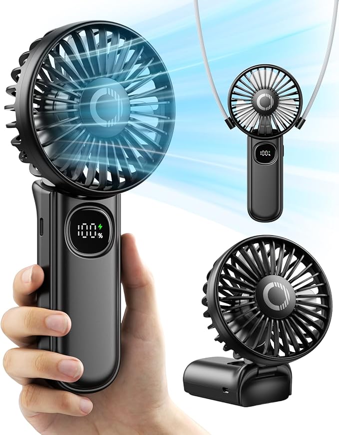 Foldable Portable Fan with LED Display, 3000mAh Battery Operated Mini Hand Held/Neck/Desk 3 in 1 Personal Small Fan for Ey...