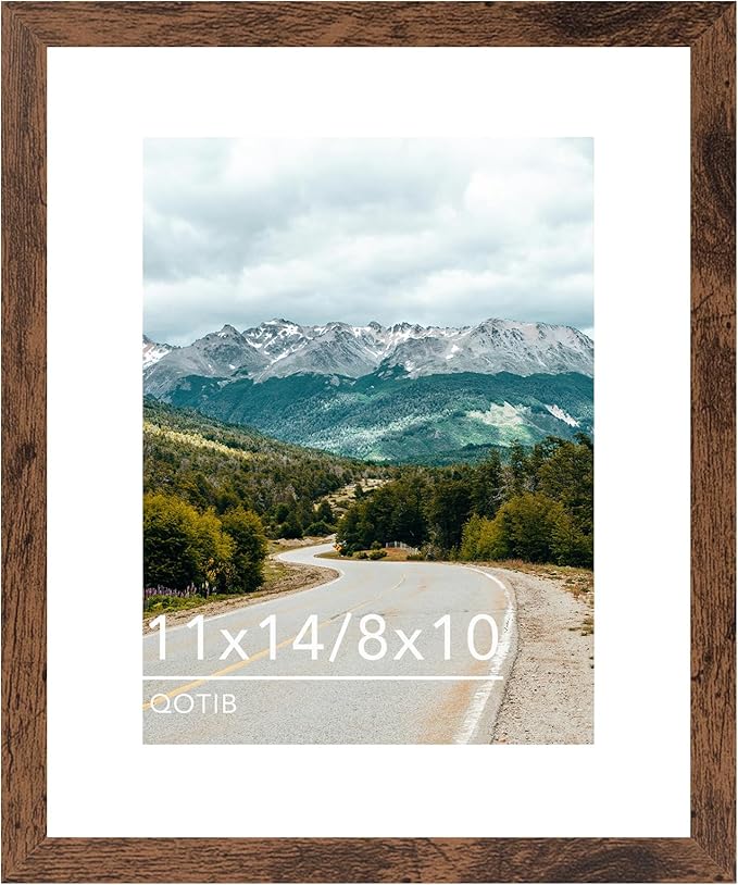 QOTIB 11x14 Picture Frame with 8x10 Mat Deep Brown, Display 8x10 with Mat or 11x14 Without Mat, Wood 11 by 14 Photo Frame,...