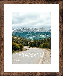 QOTIB 11x14 Picture Frame with 8x10 Mat Deep Brown, Display 8x10 with Mat or 11x14 Without Mat, Wood 11 by 14 Photo Frame,...