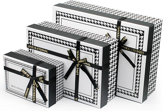 Giftilious Gift Box Set -(3 Sizes) Sturdy Gift Boxes with Lids for Presents - Elegant Black/White Boxes for Gift Wrapping