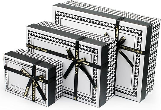 Giftilious Gift Box Set -(3 Sizes) Sturdy Gift Boxes with Lids for Presents - Elegant Black/White Boxes for Gift Wrapping
