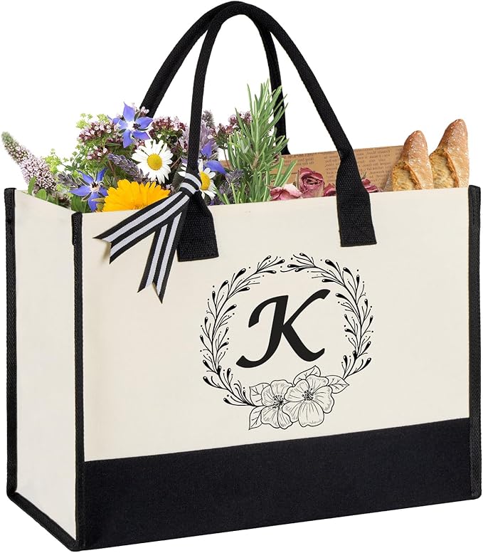 Miokok Personalized Initial Canvas Tote Bag, Beach Bags for Women Birthday Gifts, Wedding Gift for Mom Teachers Friends Nurse