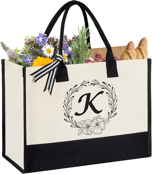 Miokok Personalized Initial Canvas Tote Bag, Beach Bags for Women Birthday Gifts, Wedding Gift for Mom Teachers Friends Nurse