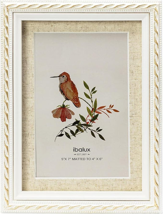 ibalux 5x7 Picture Frame Pine Wood with Real Glass, Gold-Toned Synthetic Rope Edging, Linen Matted to 4x6, Vertical and Ho...