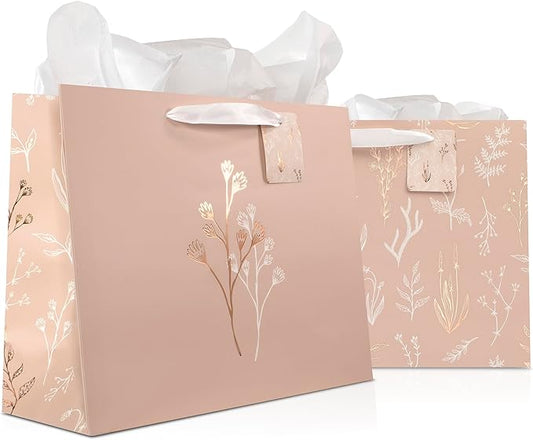 Beautiful Gift Bags Set of 2 - Large 13" Bags with Handles incl. Matching Tissue Paper, Cards & Stickers - Reusable and Pe...