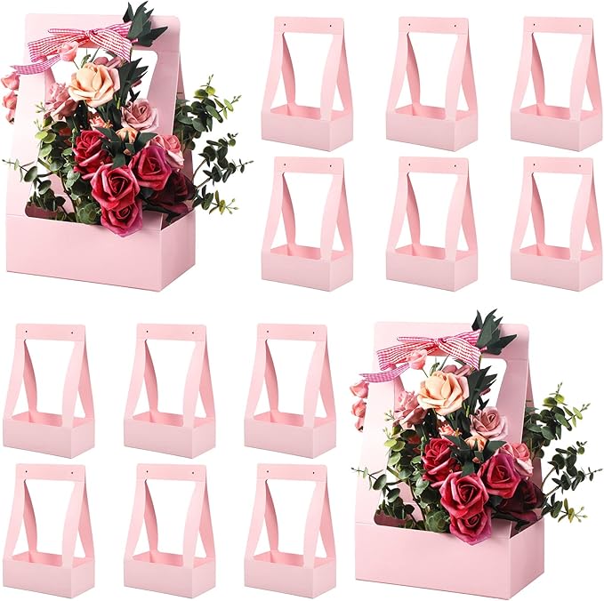 Teling 12 Pcs Mother's Day Flower Boxes for Arrangements Paper Pink Flower Gift Bags for Bouquets Portable Waterproof Flor...