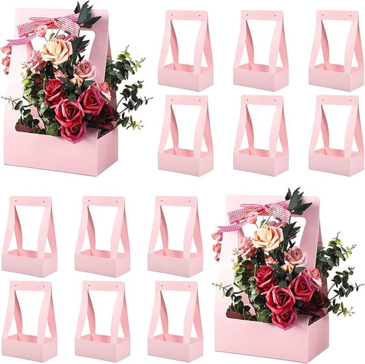 Teling 12 Pcs Mother's Day Flower Boxes for Arrangements Paper Pink Flower Gift Bags for Bouquets Portable Waterproof Flor...