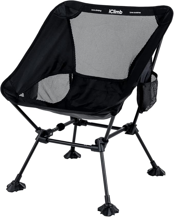 iClimb Ultralight Compact Camping Folding Beach Chair with Anti-Sinking Large Feet and Back Support Webbing (Black - Squar...