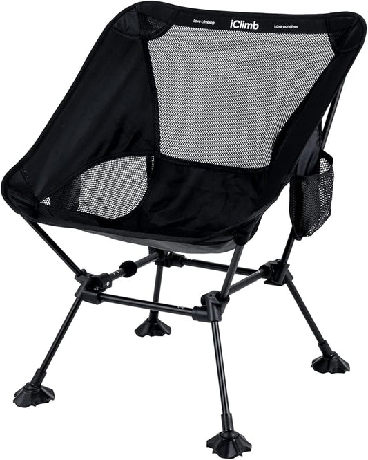 iClimb Ultralight Compact Camping Folding Beach Chair with Anti-Sinking Large Feet and Back Support Webbing (Black - Squar...