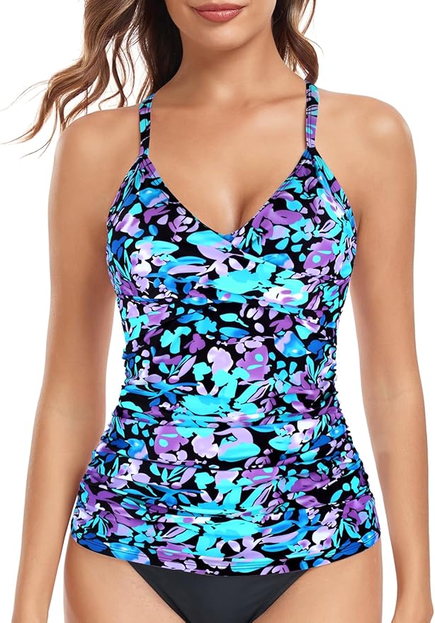 RELELCIGA Women’s Tankini Top V Neck Ruched Tummy Control Bathing Suit Top