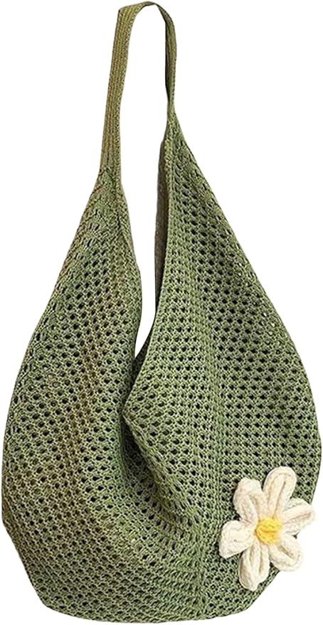OYOANGLE Women's Floral Applique Crochet Beach Tote Bag Summer Boho Mesh Woven Tote Bag