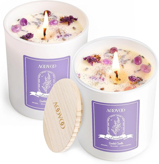 AOOVOO Lavender Scented Candle Set 2 Pack - Aromatherapy Candle with Crystals Inside, 14oz Soy Candles for Home Scented, B...