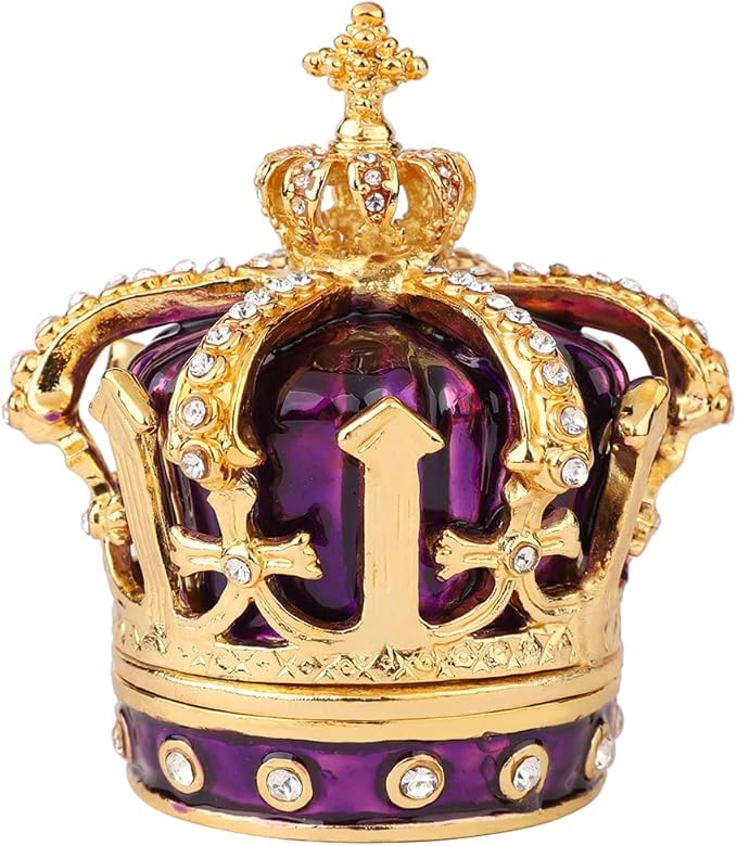 QIFU Hand Painted Purple Royal Crown Style Decorative Enameled Trinket Box Hinged, Unique Gift for Family