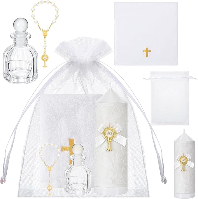 Conelist 5 Pcs Baptism Candle Set for Boys and Girls Christening Set Baptism Kit with Towel Candle Holy Bottle Mini Rosary...