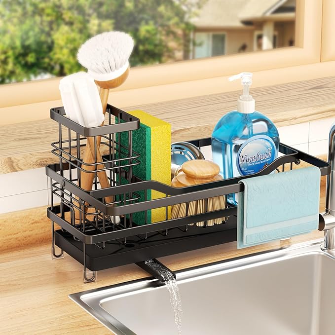 GUUKAR Sponge Holder for Kitchen Sink, Self-draining Sink Organizer with Towel Rack and Brush Holder, Metal Kitchen Sink O...