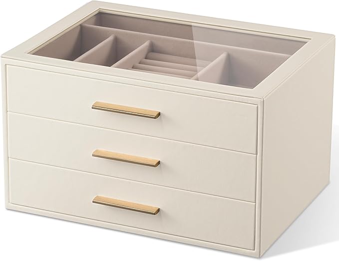 pickpiff Jewelry Box Organizer Case for Women: 3-Layer Jewelry Storage Case with Glass Window, Ivory Leather with Pink Vel...