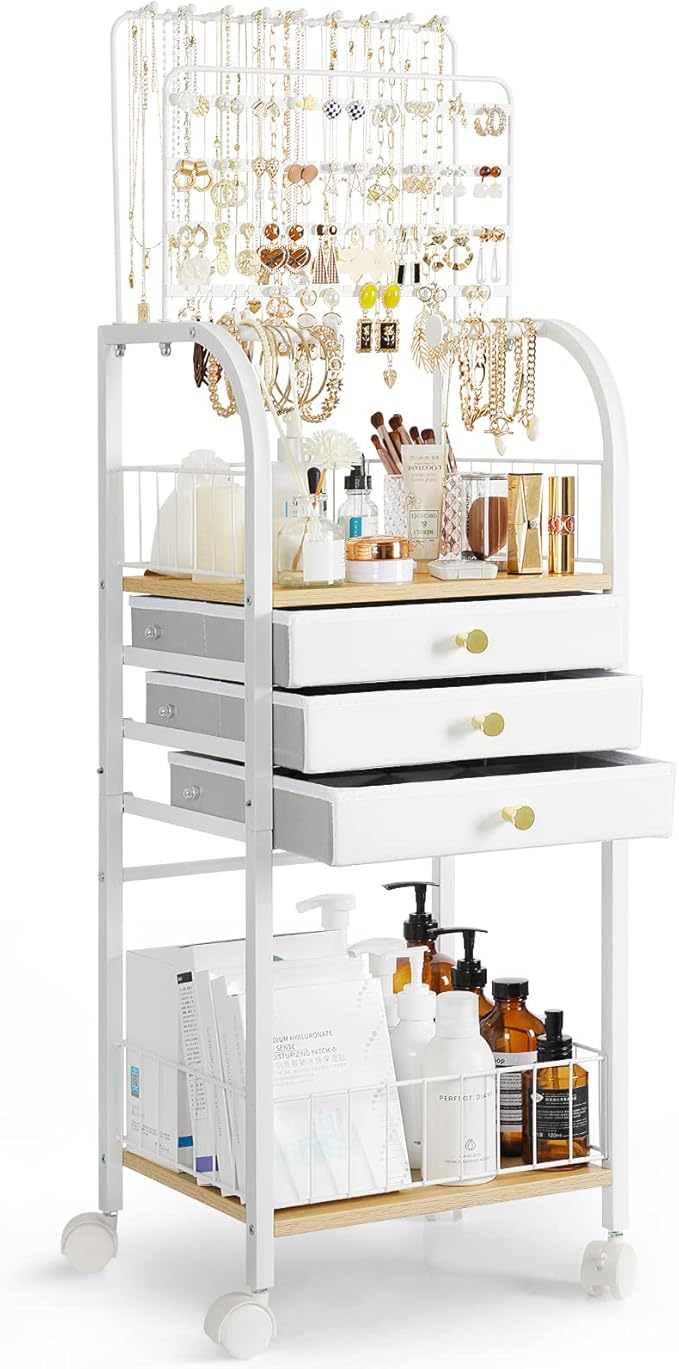 Keebofly Jewelry Organizer Stand with 3 Drawers, Large Necklace Holder & Earring Organizer Rack, Wooden Jewelry Tree Tower...