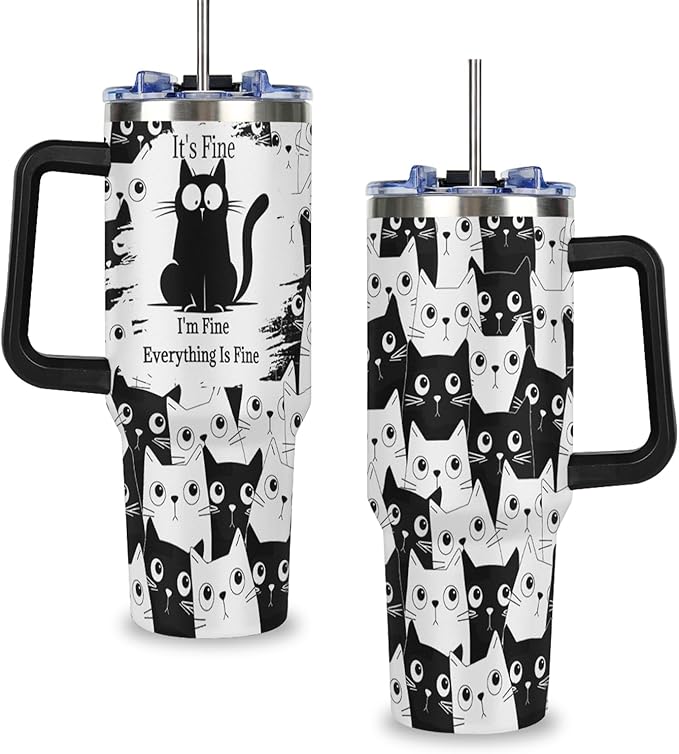 OMFUNS 40 oz Insulated Tumbler with Handle - Funny Black Cat Stainless Steel Metal Water Bottle with Lid and Straw, Everyt...