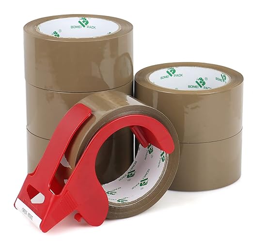 BOMEI PACK Brown Packing Tape with Dispenser, 2.4 Mil 1.88 Inch x 60 Yards, 6 Refills Rolls Packaging Tape for Moving, Shi...