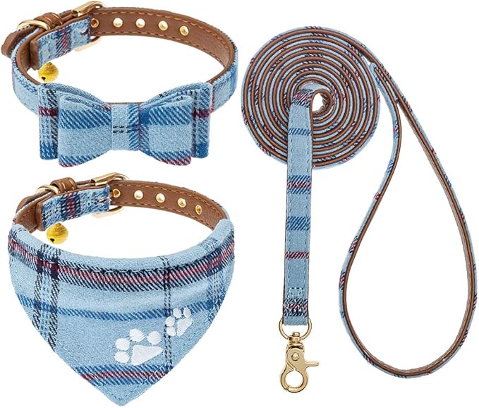 EXPAWLORER Puppy Collar and Leash Set - Embroidery Pawprints Plaid Dog Collar and Dog Leash Set, Bow Tie and Bandana Dog C...