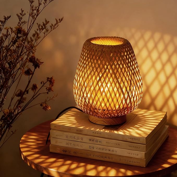 URLIGHTS Table Lamp with Double Layer Woven Shade Wood Base,Desk Bedside Small Lamps with 6ft Power Cord, 110V Plug, Dimma...