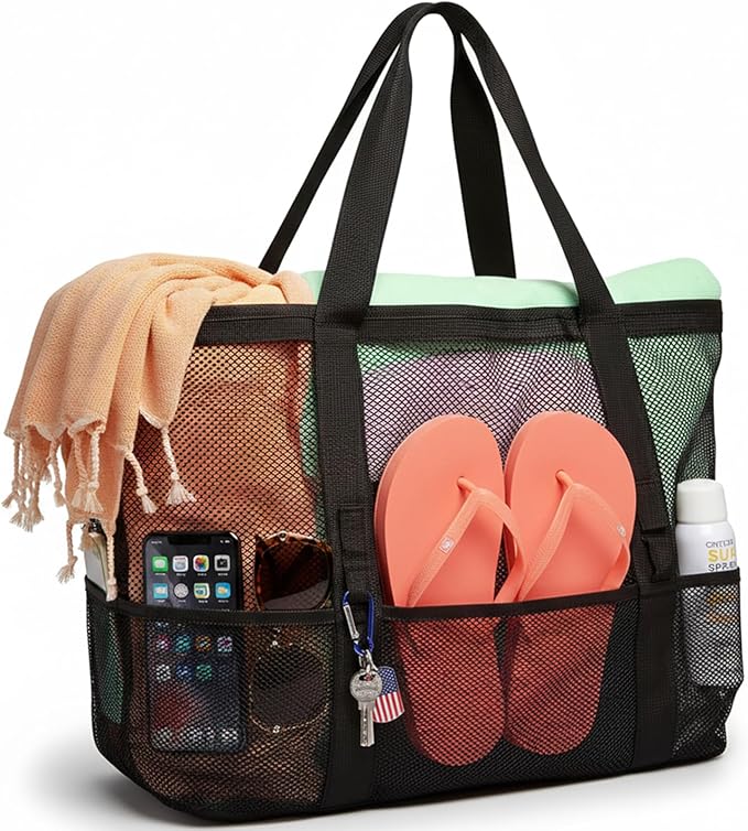 F-color Mesh Beach Bag - Large Beach Tote for Cruise Travel, Toys Pool Bags for Family Vacation Essentials