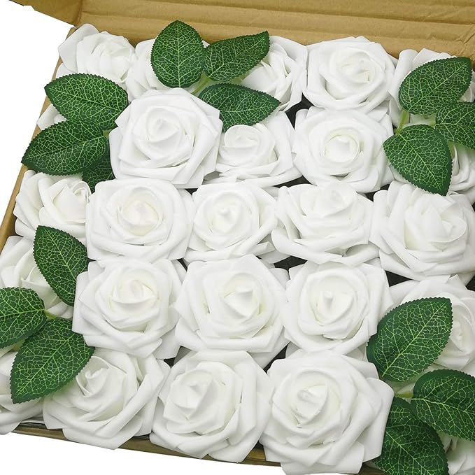 J-Rijzen Artificial Flowers 50PCS Real Looking White Fake Roses with Stem for DIY Wedding Bouquets Centerpieces Party Baby...