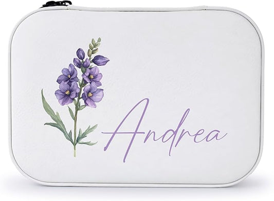 Custom Leather Jewelry Box with Name & Birth Flower Month, Birthday Gifts for Women, Personalized Jewelry Travel Case - Cu...