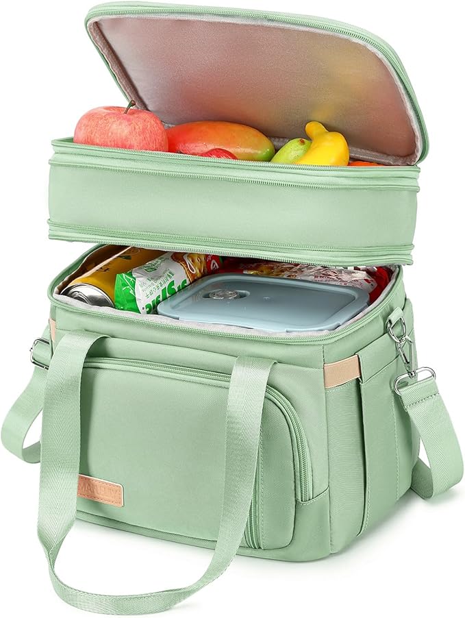 MAPLELILY Lunch Box for Men Women - Double Deck Insulated Lunch Bag, Large Leak Proof Tote Cooler, Wide Open Dual Compartm...