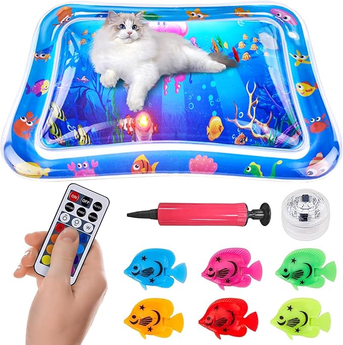 kowgical Cat Water Mat, Interactive Toys 25x17 inch Multi-Color Lighted Cat Dog Water Sensor Playmat with Fish, Pet Mat Fl...
