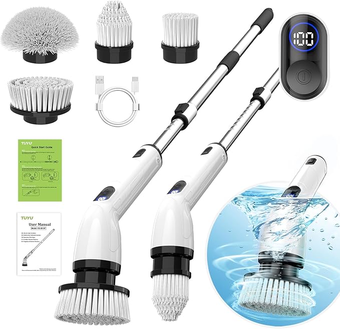 TUYU Electric Spin Scrubber, Full-Body IPX7 Waterproof Bathroom Scrubber with Power LCD Display, Adjustable Extension Hand...