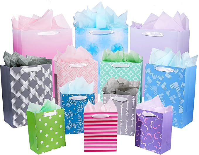 12 Pack Gift Bags Assorted Sizes and Designs, Gift Bags Bulk with Tissue Paper (5 Medium 8", 4 Large 11", 3 Extra Large 1...