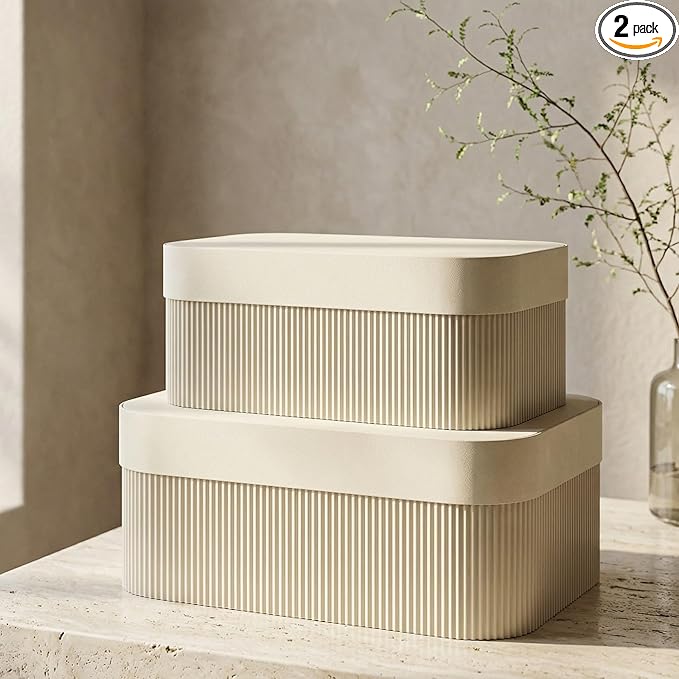 Decorative Storage Boxes with Lids – Set of 2 Beautiful Fluted Cardboard Organizer Bins for Your Home Bookshelf Decor to S...