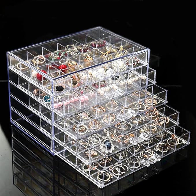 YUFONG Earring Storage Box Organizer, Acrylic Jewelry Storage Box Holder 5 Drawers Transparent Jewelry Display Stand with ...